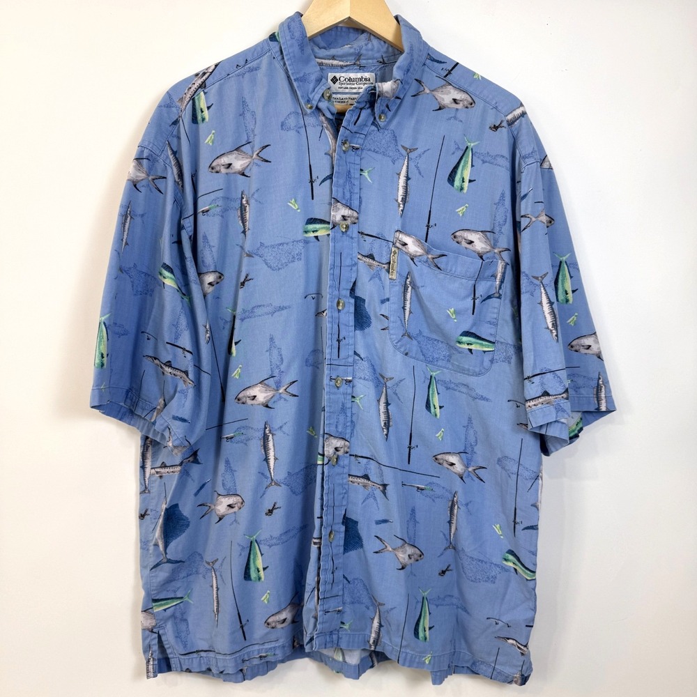 Columbia Fish Print Short Sleeve Button Up Shirt‎ Mens Large Blue One Pocket